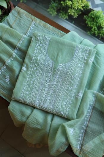 Pastel Green Mal Chanderi Silk Chikankari With Sequins Unstitched Kurta Dupatta Set