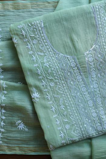 Pastel Green Mal Chanderi Silk Chikankari With Sequins Unstitched Kurta Dupatta Set