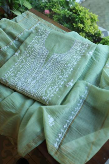 Pastel Green Mal Chanderi Silk Chikankari With Sequins Unstitched Kurta Dupatta Set