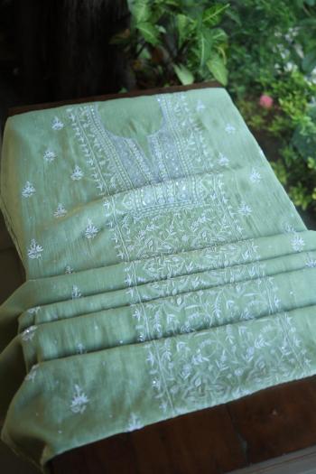 Pastel Green Mal Chanderi Silk Chikankari With Sequins Unstitched Kurta Dupatta Set