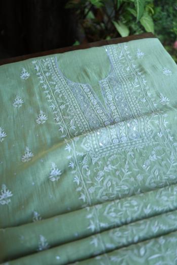Pastel Green Mal Chanderi Silk Chikankari With Sequins Unstitched Kurta Dupatta Set