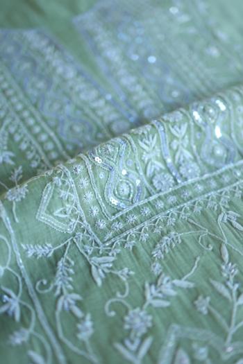 Pastel Green Mal Chanderi Silk Chikankari With Sequins Unstitched Kurta Dupatta Set