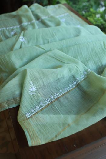 Pastel Green Mal Chanderi Silk Chikankari With Sequins Unstitched Kurta Dupatta Set