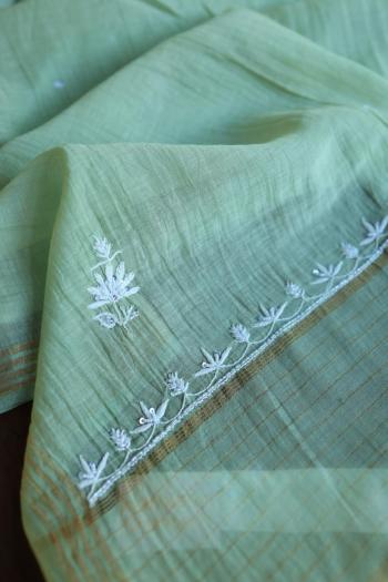 Pastel Green Mal Chanderi Silk Chikankari With Sequins Unstitched Kurta Dupatta Set
