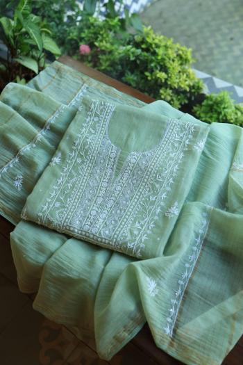 Pastel Green Mal Chanderi Silk Chikankari With Sequins Unstitched Kurta Dupatta Set