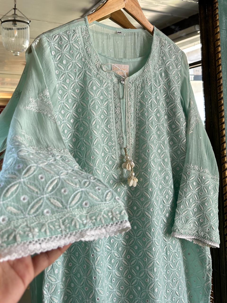 Pastel Green Mulmul Pearl White Chikankari Ready to Wear Kurta Set