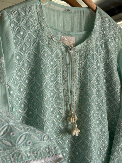 Pastel Green Mulmul Pearl White Chikankari Ready to Wear Kurta Set