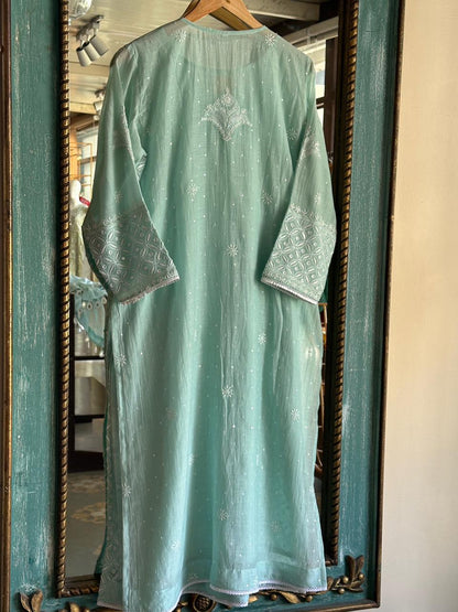 Pastel Green Mulmul Pearl White Chikankari Ready to Wear Kurta Set