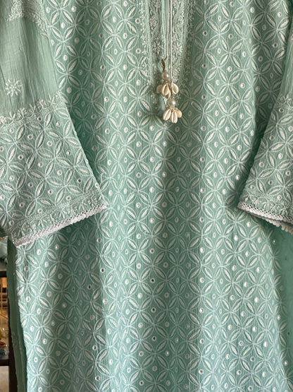 Pastel Green Mulmul Pearl White Chikankari Ready to Wear Kurta Set