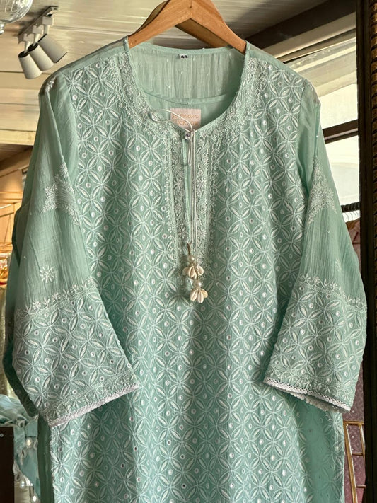 Pastel Green Mulmul Pearl White Chikankari Ready to Wear Kurta Set