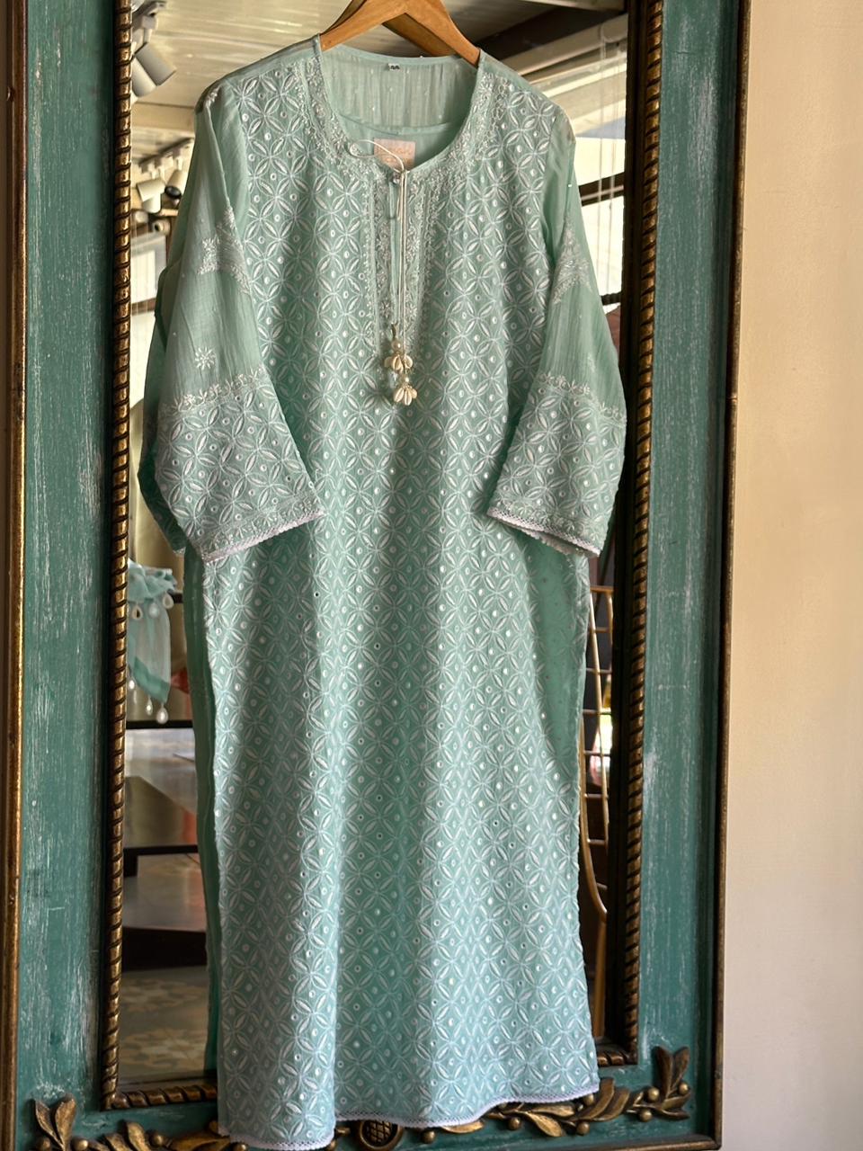Pastel Green Mulmul Pearl White Chikankari Ready to Wear Kurta Set