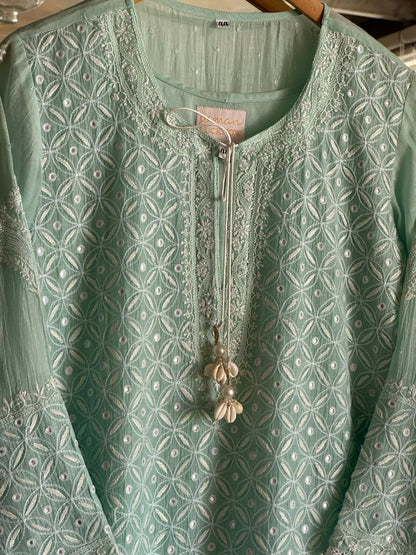 Pastel Green Mulmul Pearl White Chikankari Ready to Wear Kurta Set