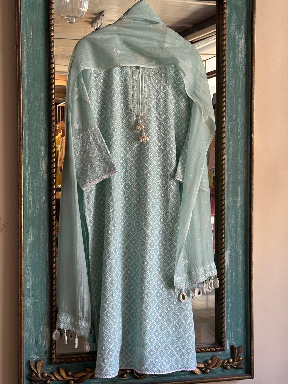Pastel Green Mulmul Pearl White Chikankari Ready to Wear Kurta Set
