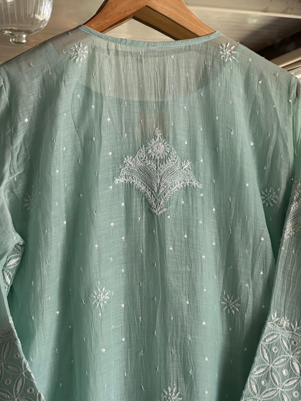 Pastel Green Mulmul Pearl White Chikankari Ready to Wear Kurta Set