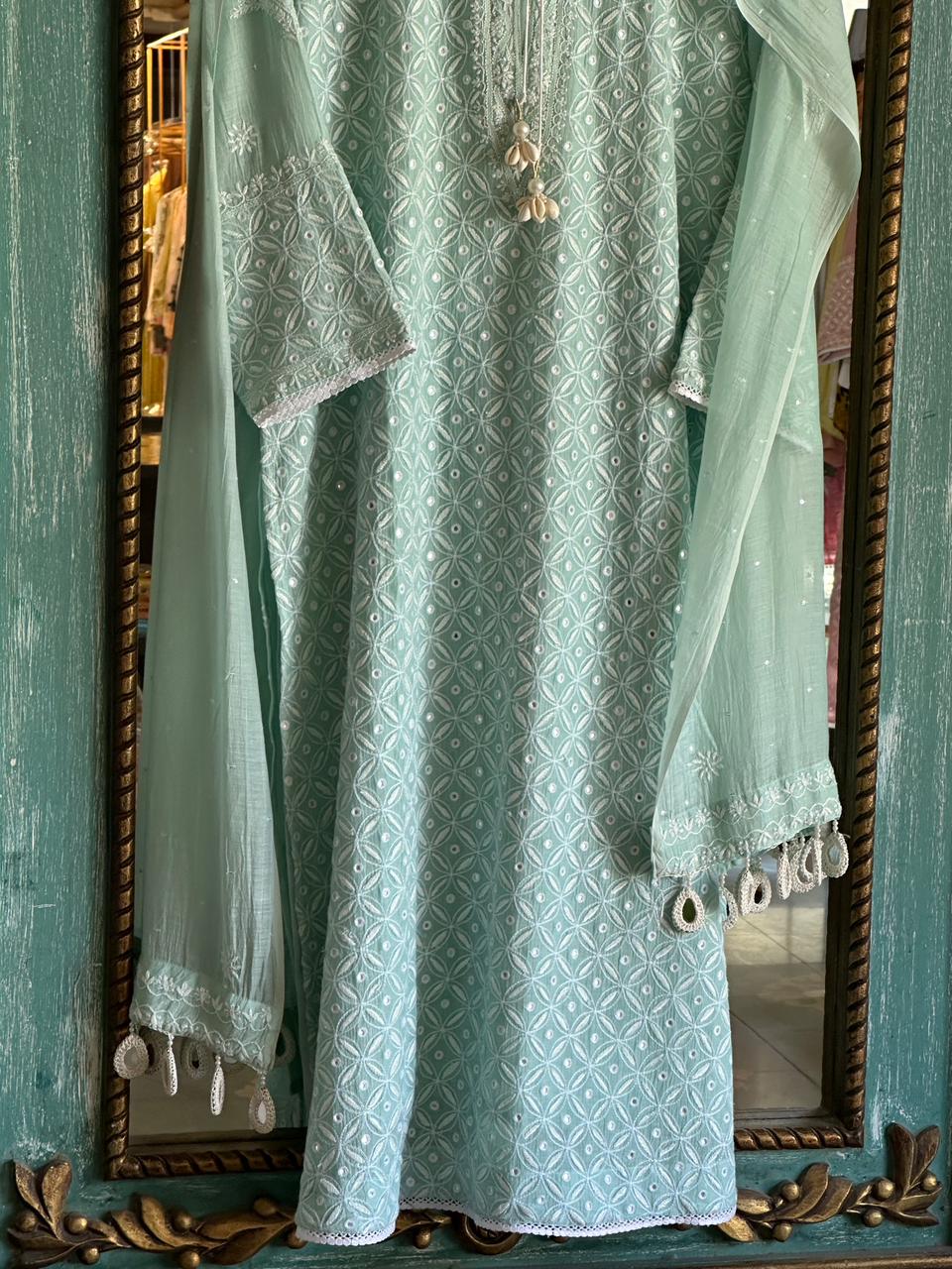 Pastel Green Mulmul Pearl White Chikankari Ready to Wear Kurta Set
