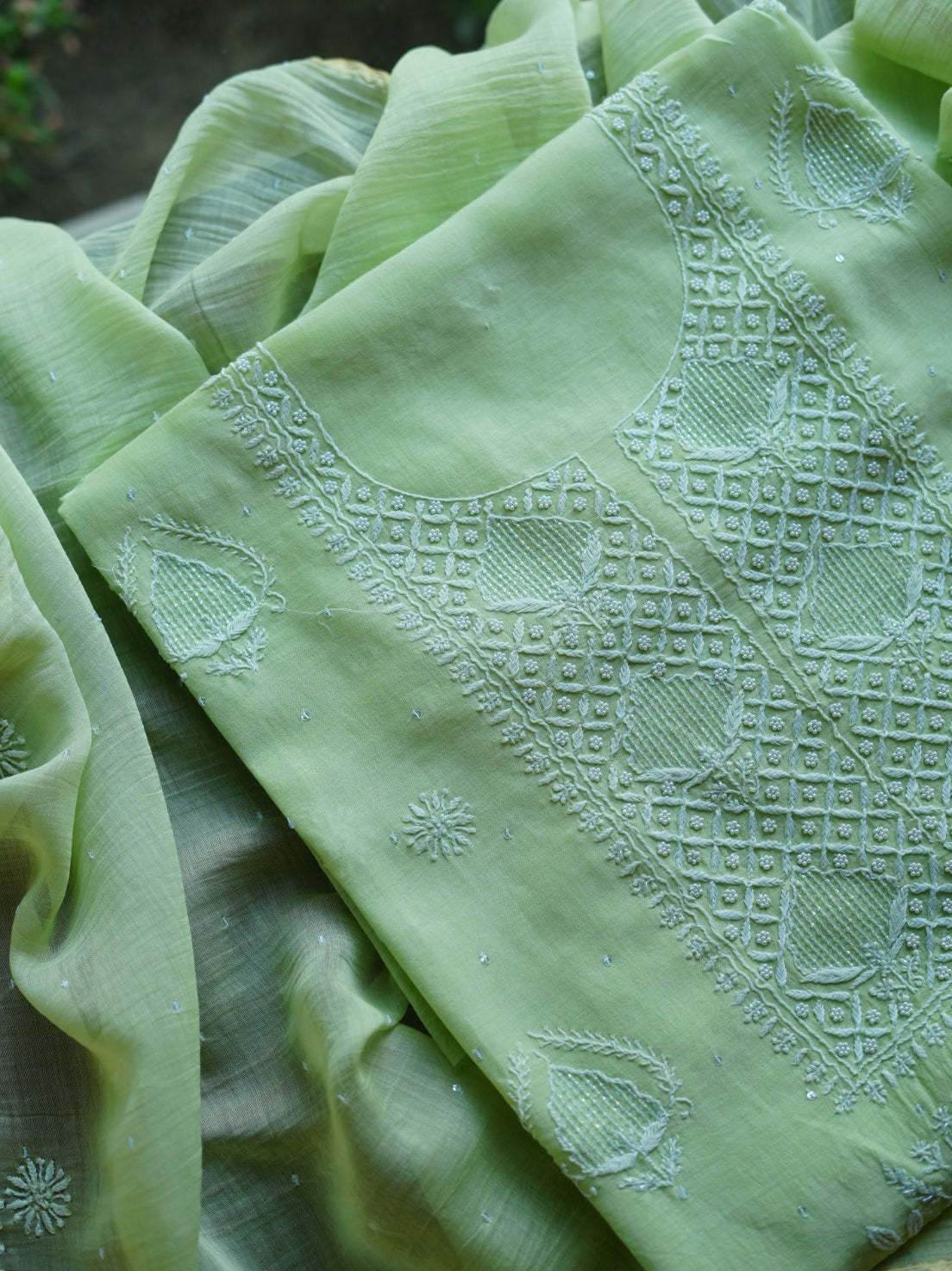 Pastel Green Shade  Malmal Pearl Work Chikankari Fabrics
