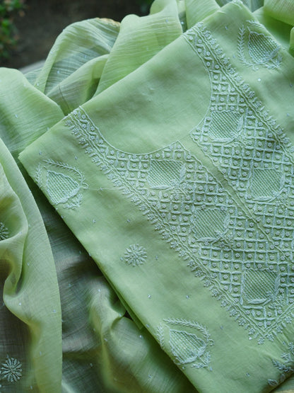 Pastel Green Shade  Malmal Pearl Work Chikankari Fabrics