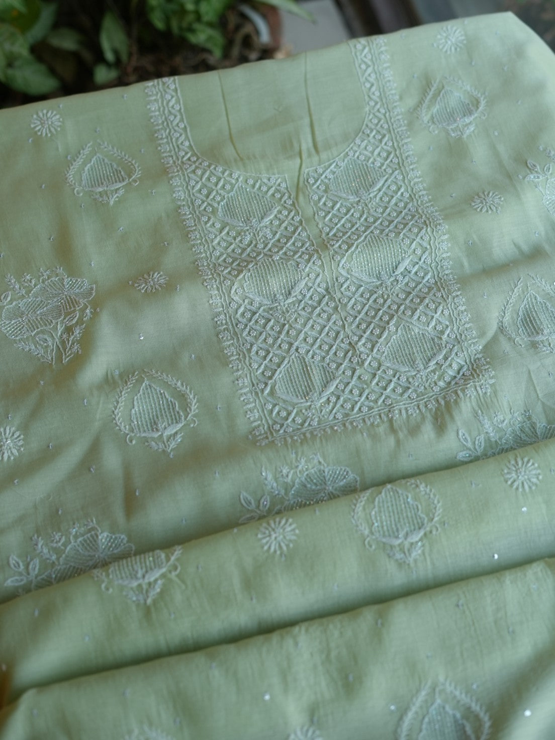 Pastel Green Shade  Malmal Pearl Work Chikankari Fabrics
