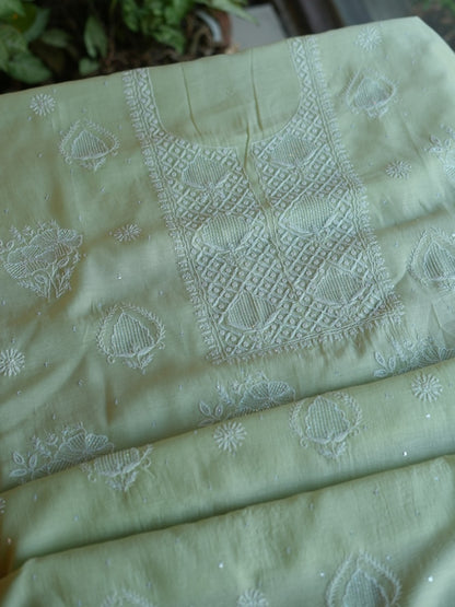 Pastel Green Shade  Malmal Pearl Work Chikankari Fabrics