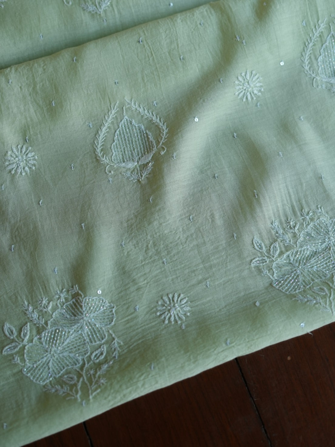 Pastel Green Shade  Malmal Pearl Work Chikankari Fabrics