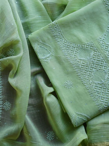 Pastel Green Shade  Malmal Pearl Work Chikankari Fabrics