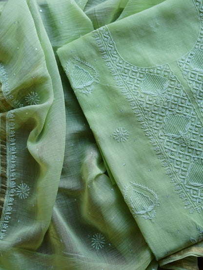 Pastel Green Shade  Malmal Pearl Work Chikankari Fabrics