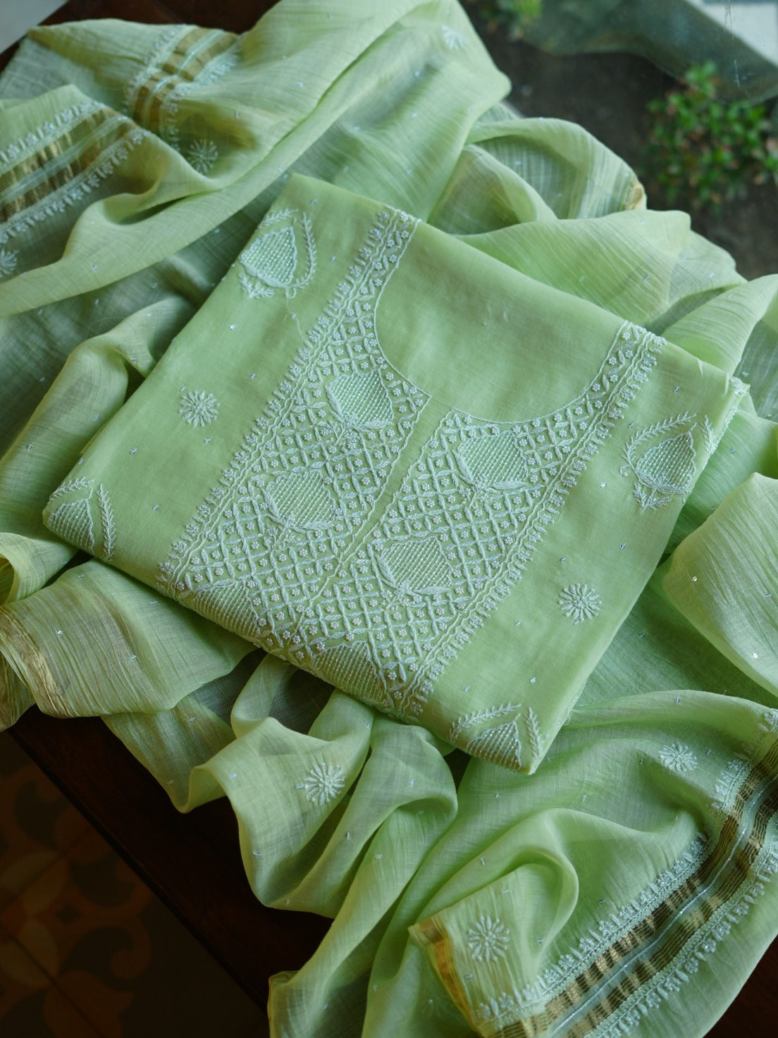 Pastel Green Shade  Malmal Pearl Work Chikankari Fabrics
