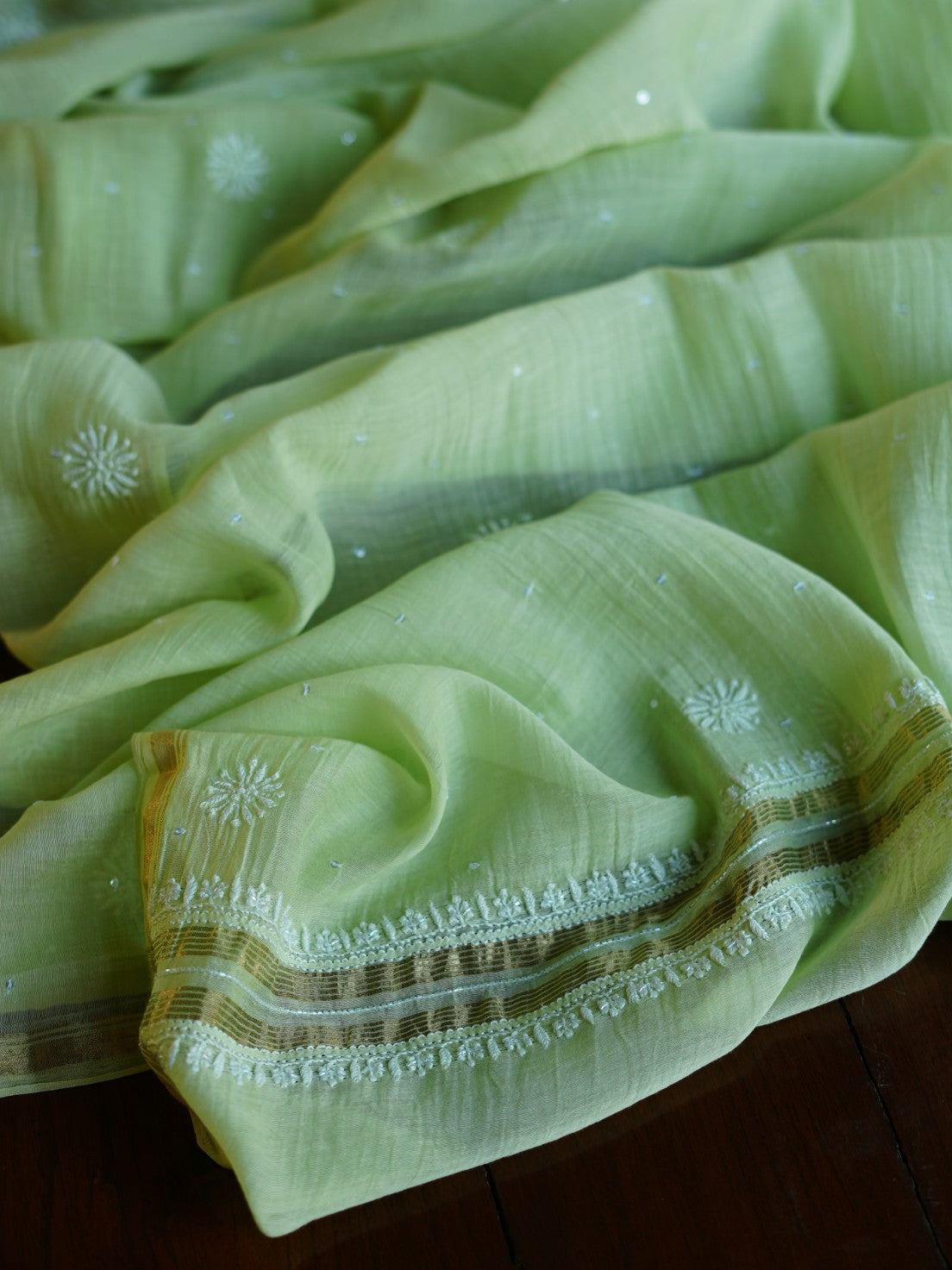 Pastel Green Shade  Malmal Pearl Work Chikankari Fabrics