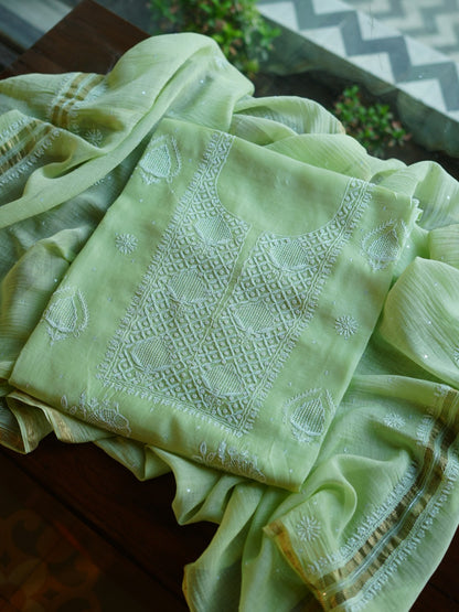 Pastel Green Shade  Malmal Pearl Work Chikankari Fabrics