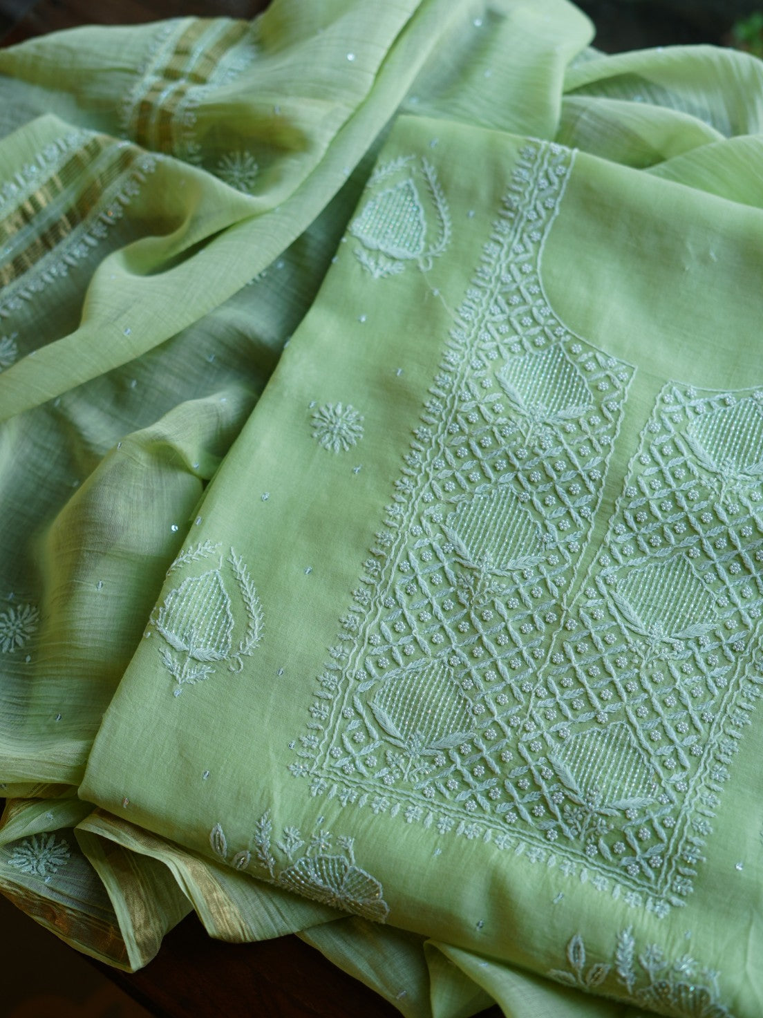 Pastel Green Shade  Malmal Pearl Work Chikankari Fabrics