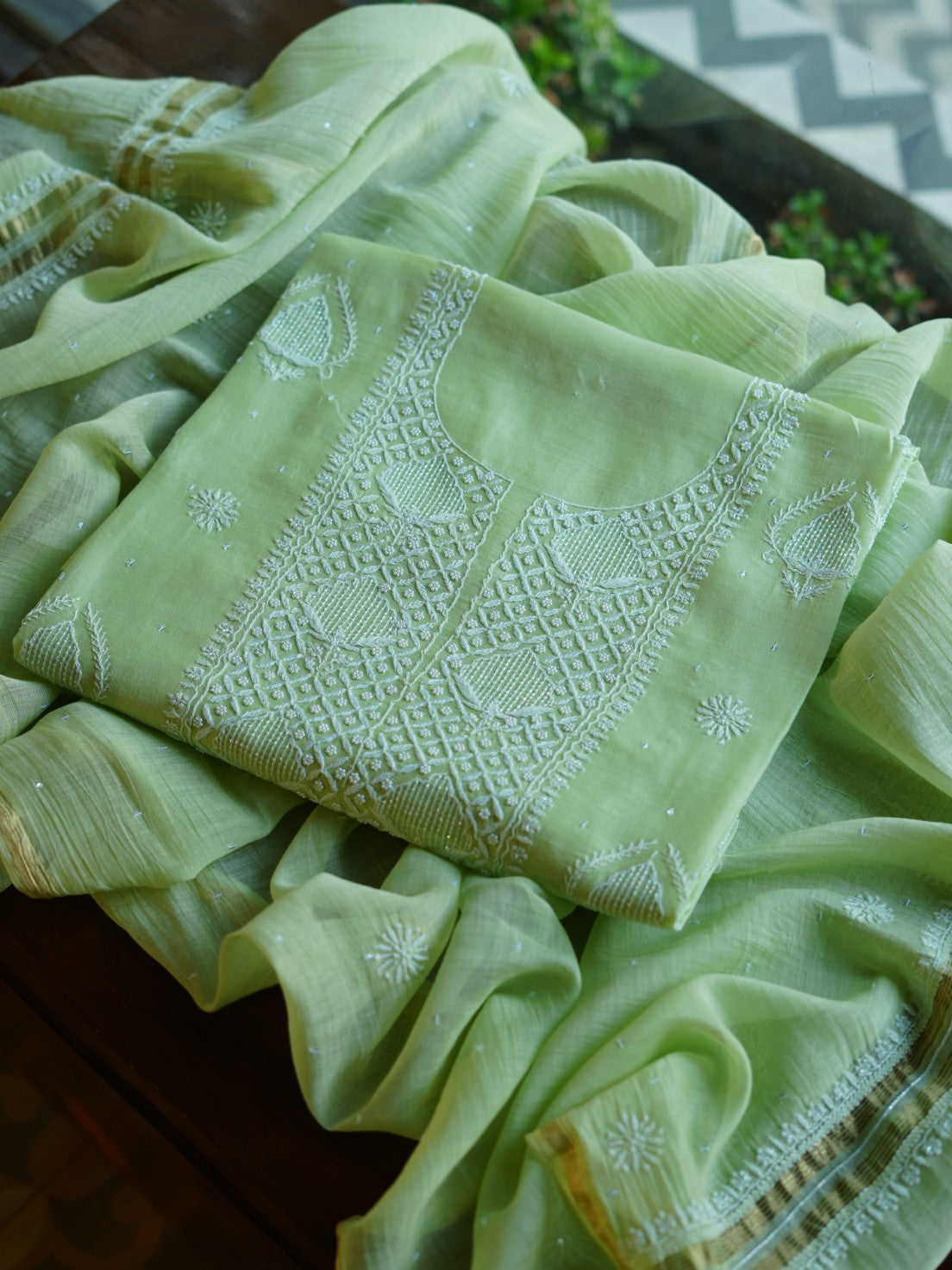 Pastel Green Shade  Malmal Pearl Work Chikankari Fabrics