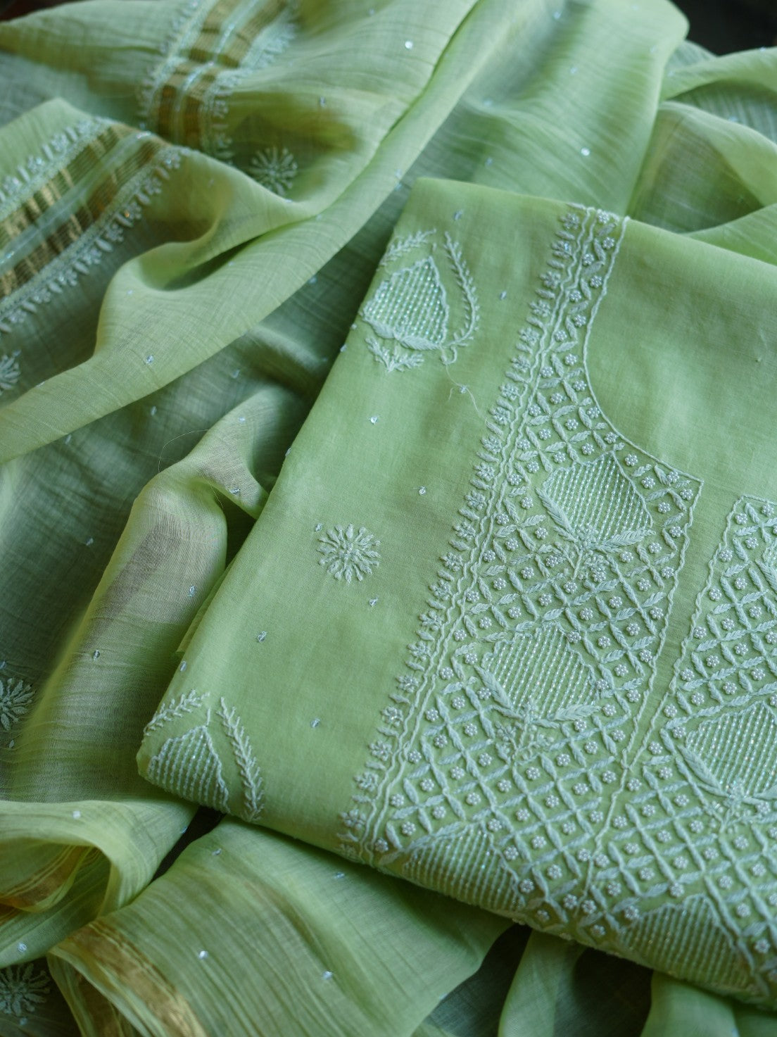 Pastel Green Shade  Malmal Pearl Work Chikankari Fabrics