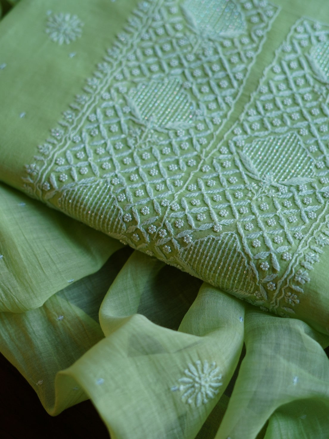 Pastel Green Shade  Malmal Pearl Work Chikankari Fabrics
