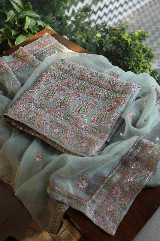 Pastel Green Shade Noor Banarasi Organza Chikankari Unstitched Fabric