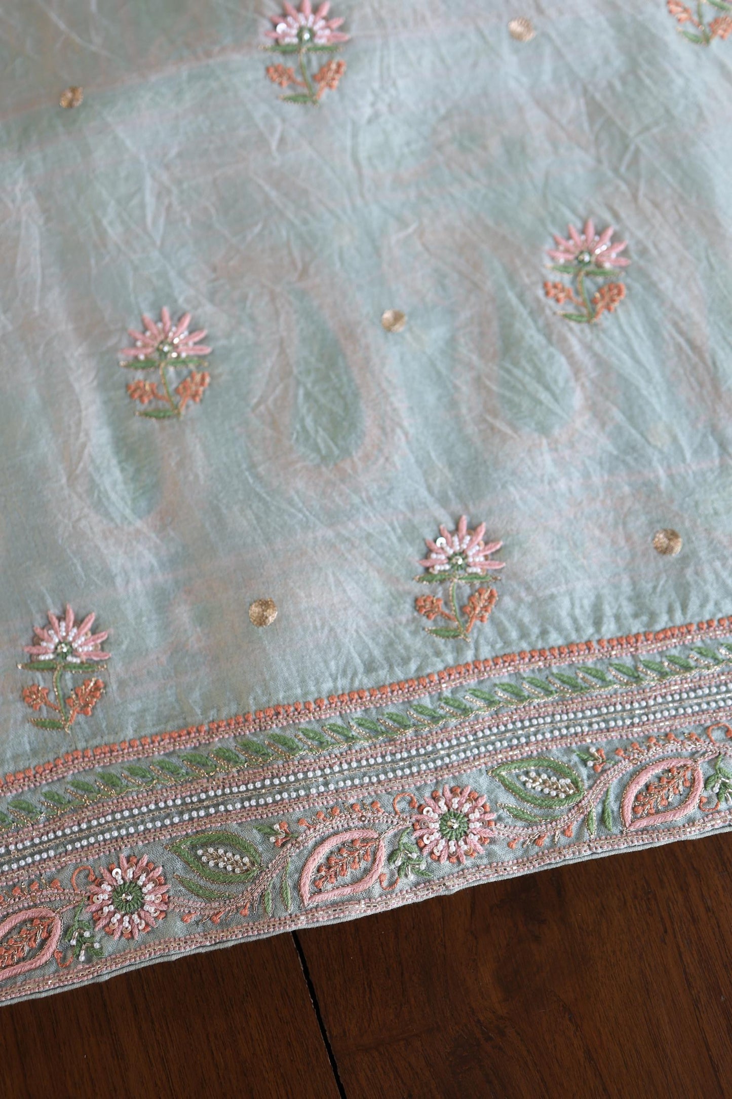 Pastel Green Shade Noor Banarasi Organza Chikankari Unstitched Fabric