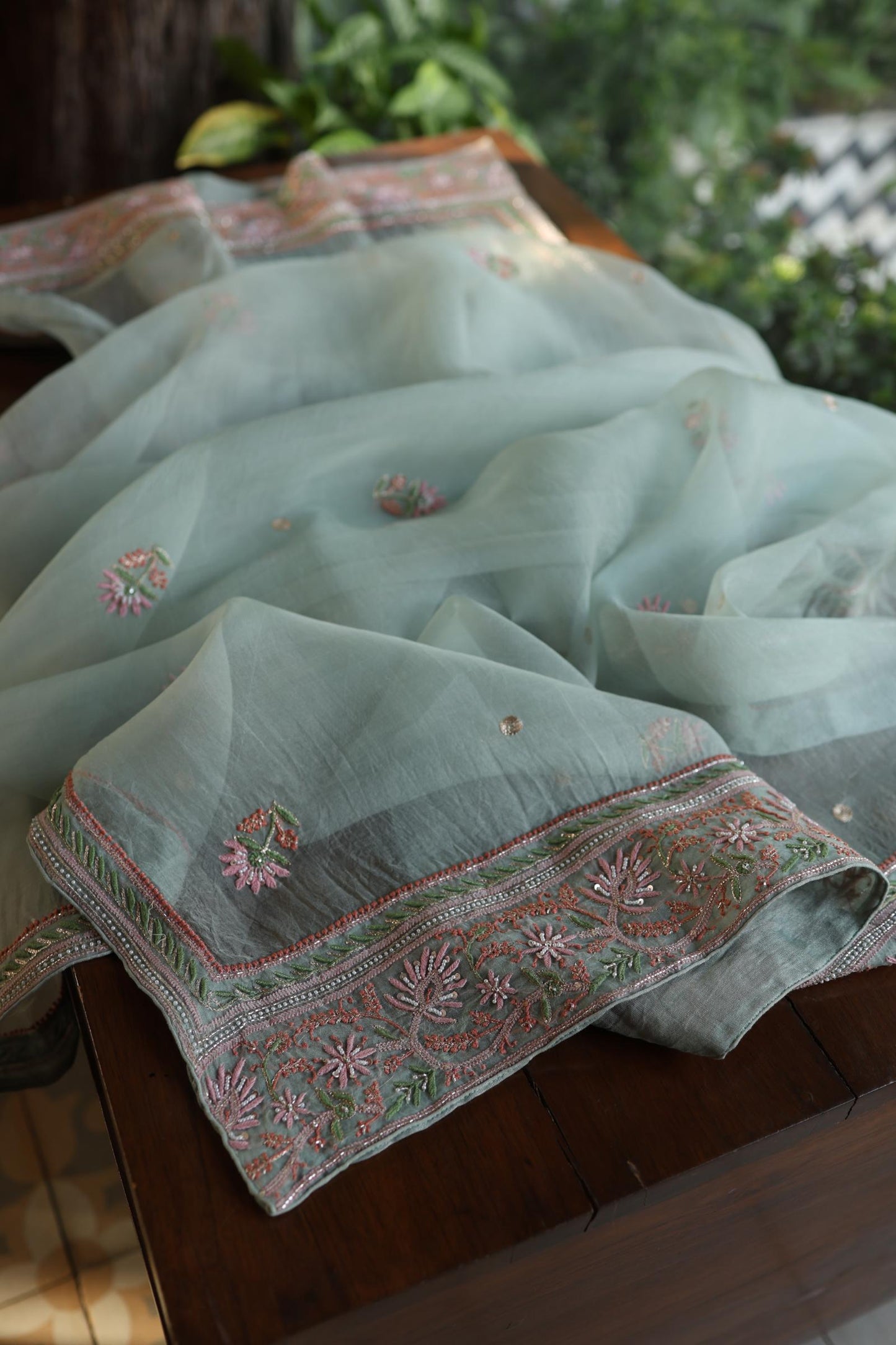 Pastel Green Shade Noor Banarasi Organza Chikankari Unstitched Fabric
