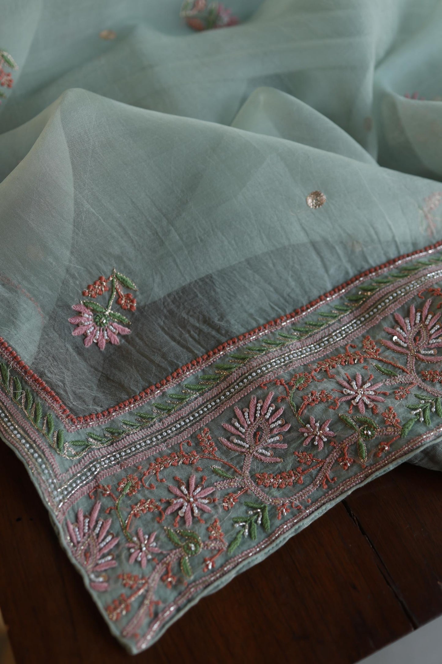 Pastel Green Shade Noor Banarasi Organza Chikankari Unstitched Fabric