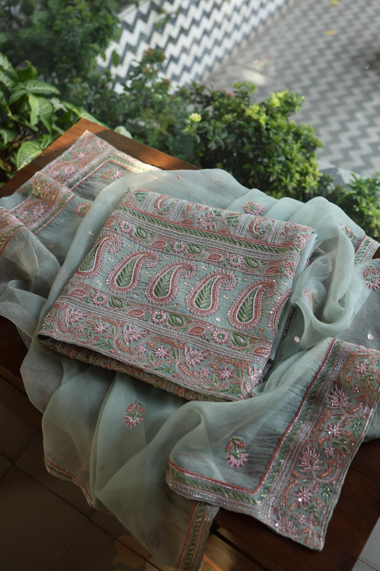Pastel Green Shade Noor Banarasi Organza Chikankari Unstitched Fabric
