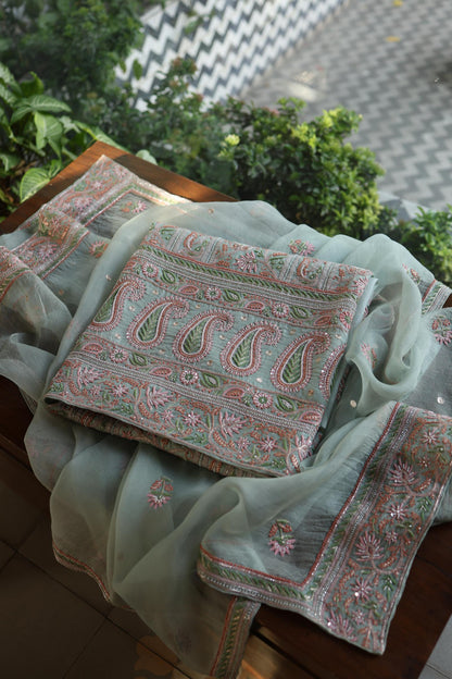 Pastel Green Shade Noor Banarasi Organza Chikankari Unstitched Fabric