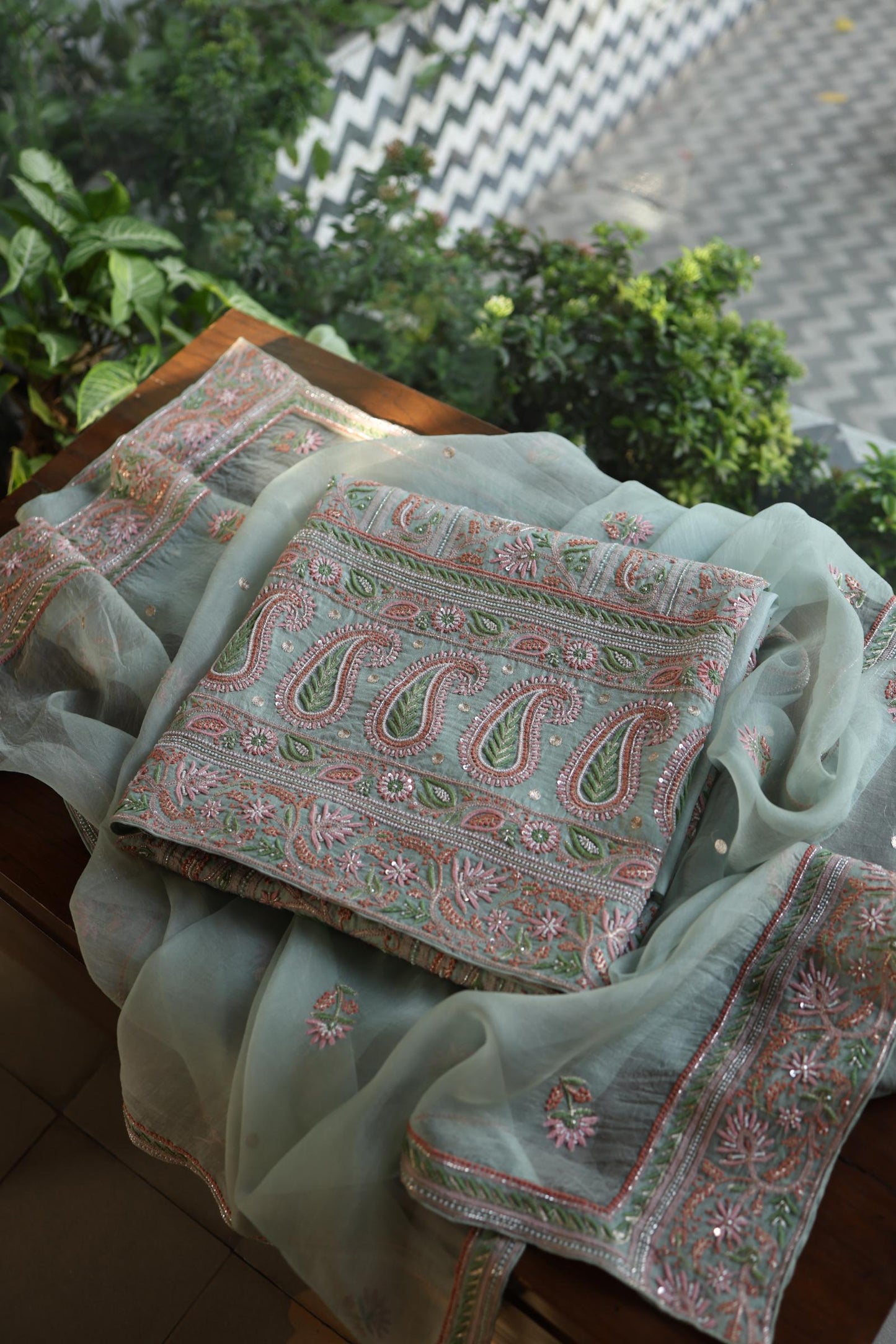 Pastel Green Shade Noor Banarasi Organza Chikankari Unstitched Fabric