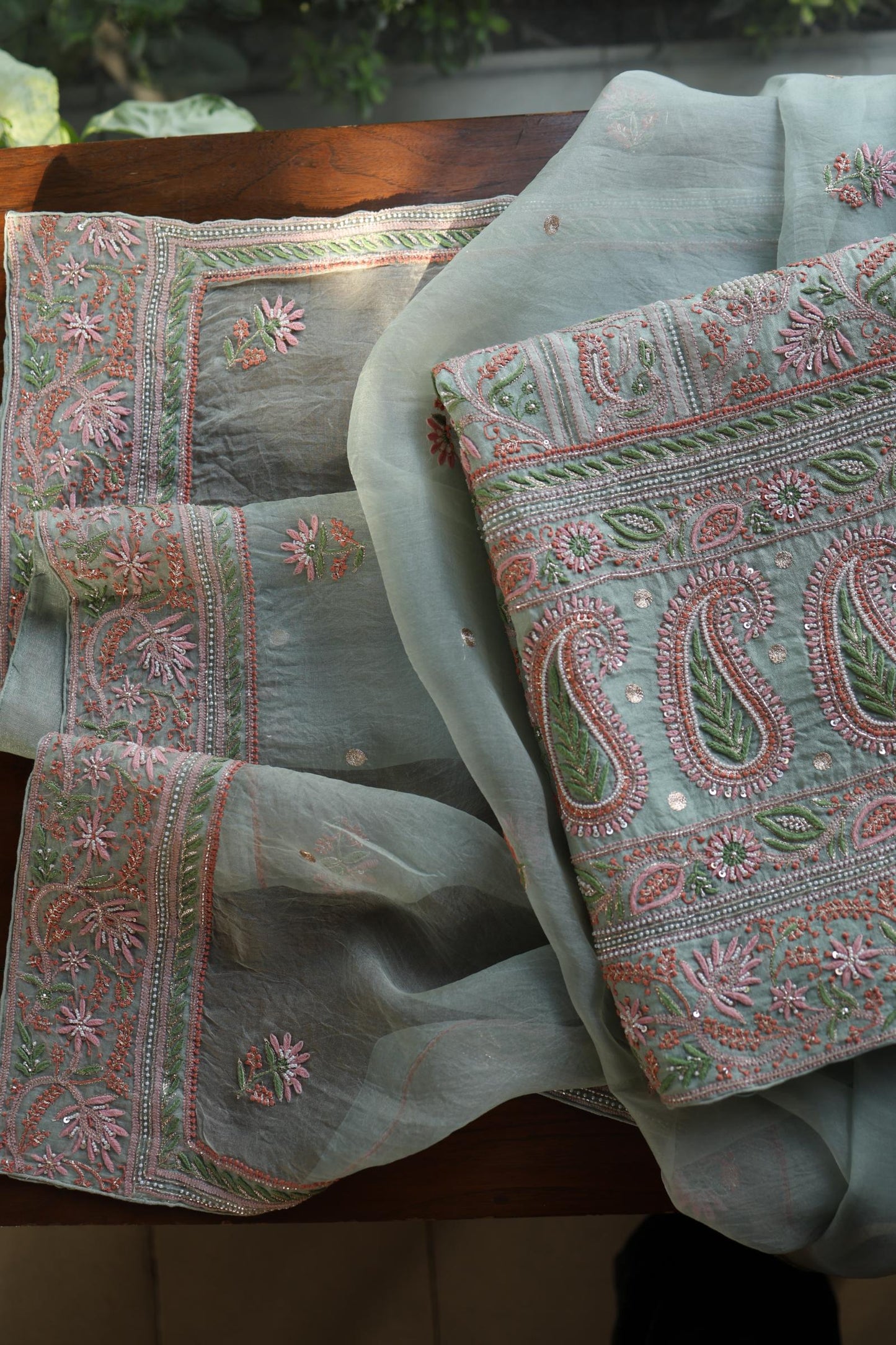 Pastel Green Shade Noor Banarasi Organza Chikankari Unstitched Fabric