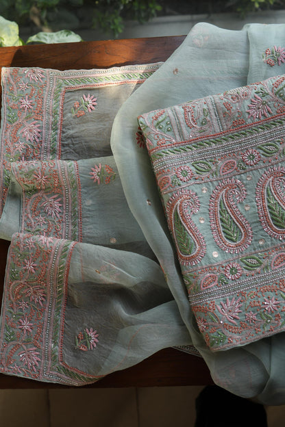 Pastel Green Shade Noor Banarasi Organza Chikankari Unstitched Fabric