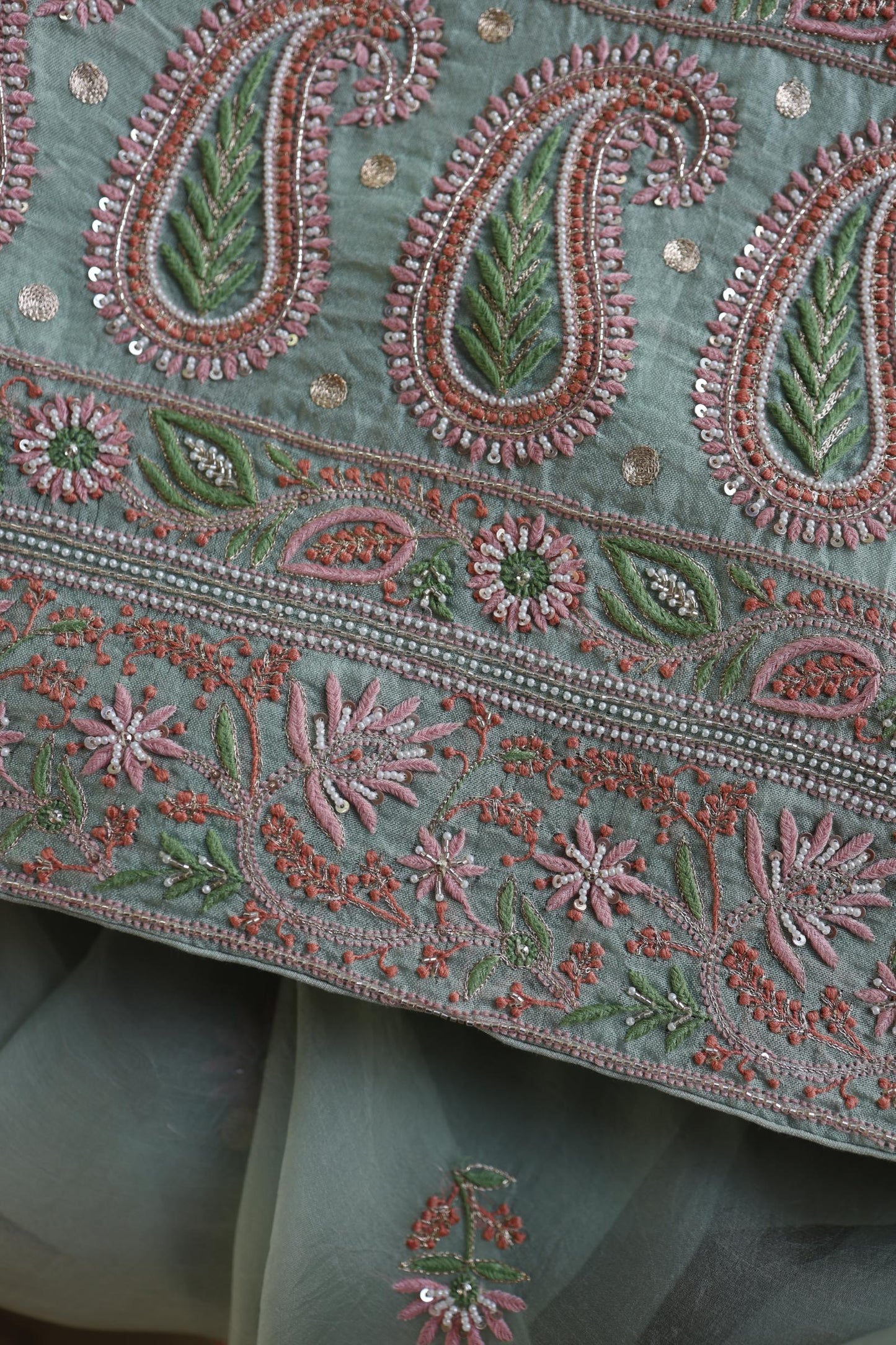 Pastel Green Shade Noor Banarasi Organza Chikankari Unstitched Fabric