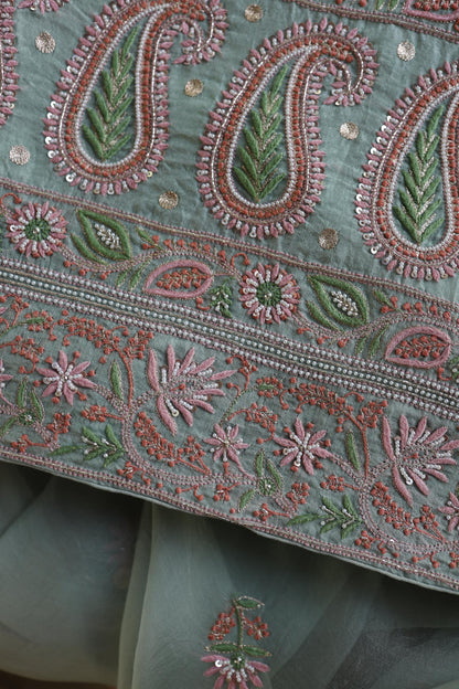 Pastel Green Shade Noor Banarasi Organza Chikankari Unstitched Fabric