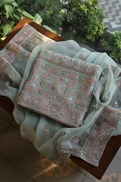 Pastel Green Shade Noor Banarasi Organza Chikankari Unstitched Fabric