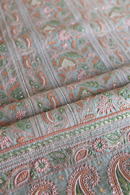 Pastel Green Shade Noor Banarasi Organza Chikankari Unstitched Fabric