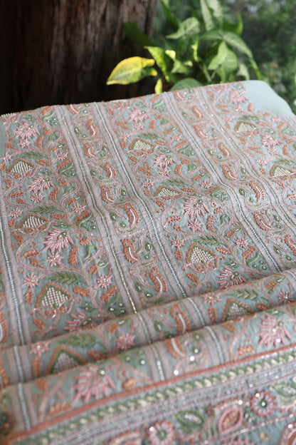 Pastel Green Shade Noor Banarasi Organza Chikankari Unstitched Fabric
