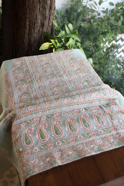 Pastel Green Shade Noor Banarasi Organza Chikankari Unstitched Fabric