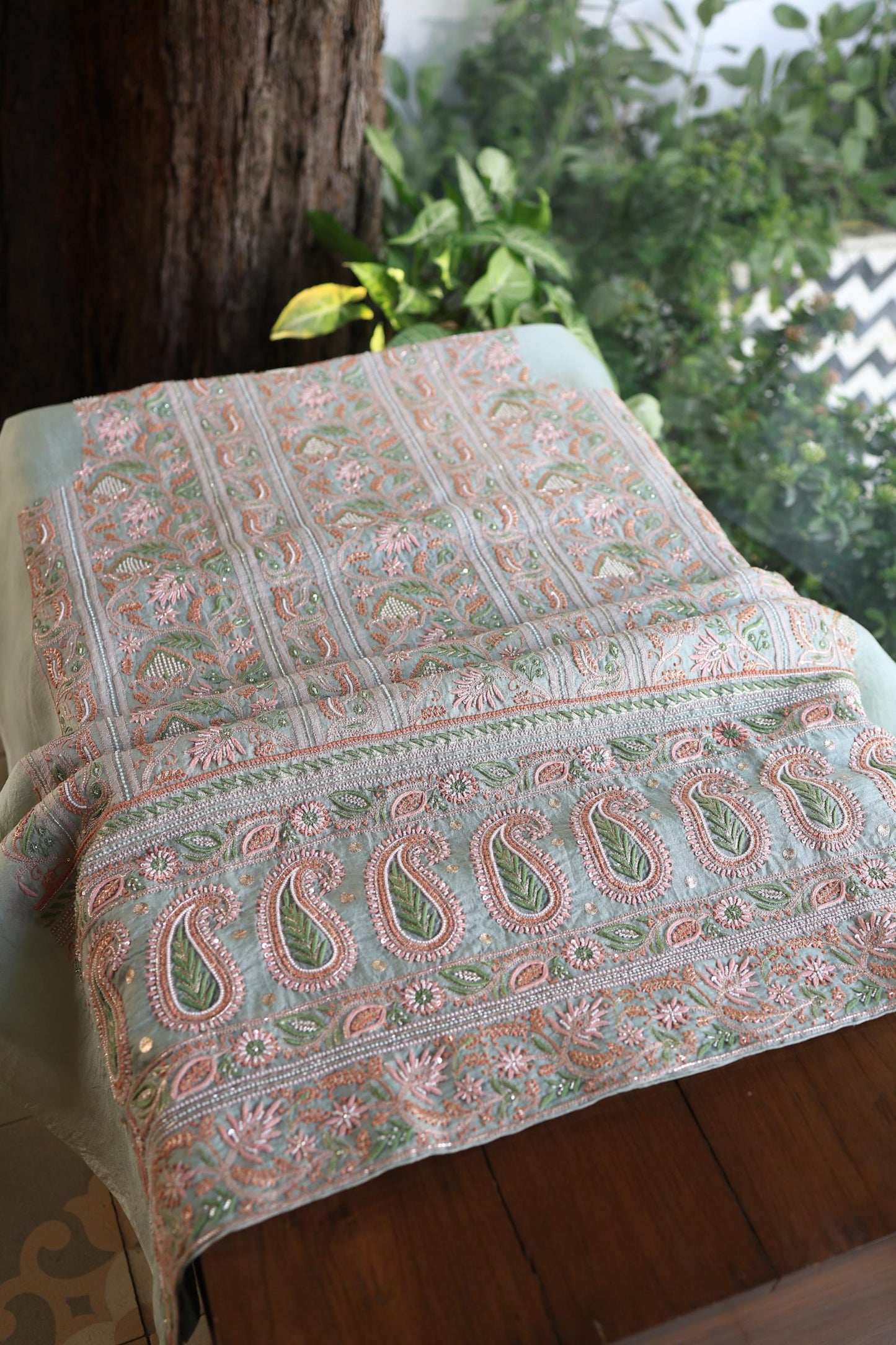 Pastel Green Shade Noor Banarasi Organza Chikankari Unstitched Fabric