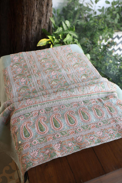 Pastel Green Shade Noor Banarasi Organza Chikankari Unstitched Fabric